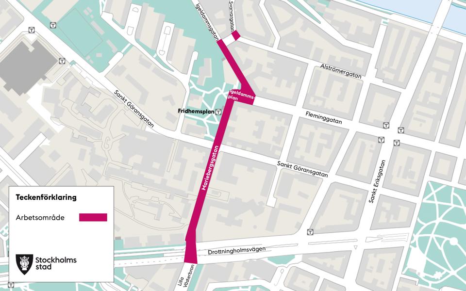 Kartbild över Fridhemsplan med markeringar för Maribergsgatan och Igeldammsplan.